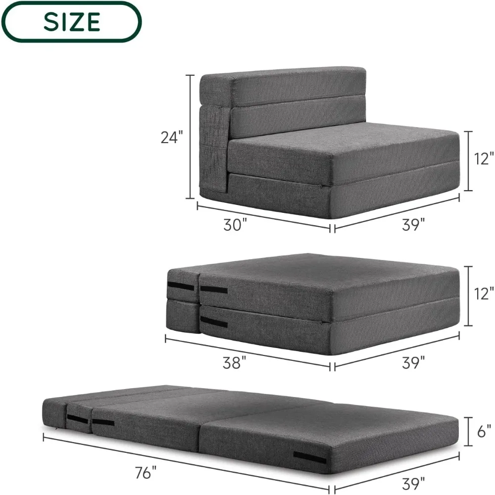 Canapé-lit pliant, canapé en mousse à mémoire de forme de 6 pouces, chaise de couchage convertible, matelas au sol, oreiller de canapé et housse lavable pour salon