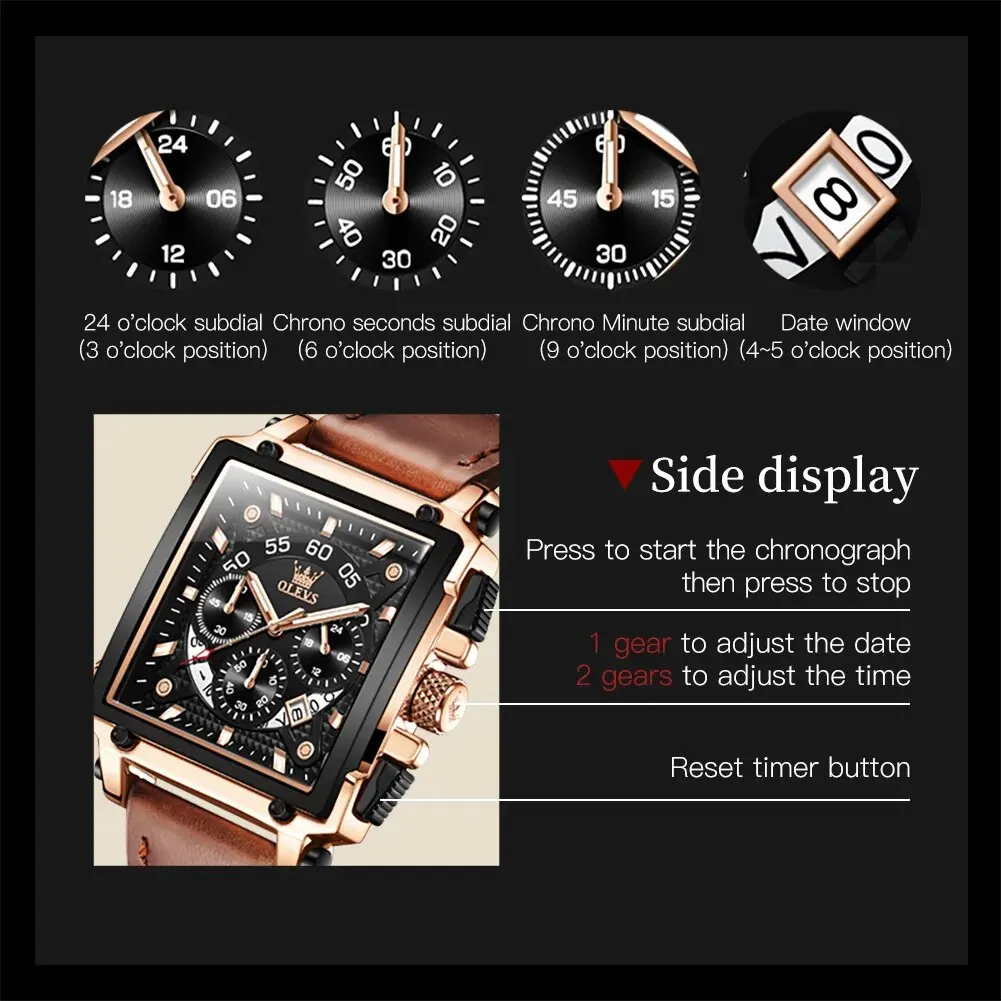 OLEVS 9919 Men Watch Fashion Square Dial Leather Strap Chronograph Waterproof Sports Clock Luxury Original Quartz Wristwatch Man