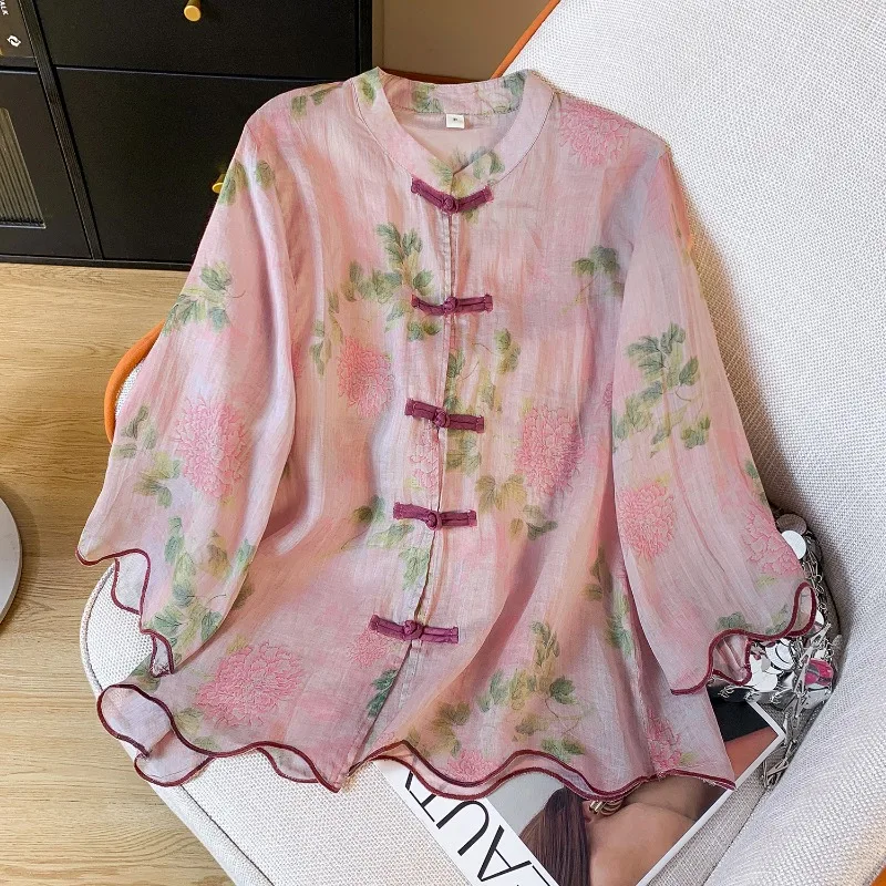 Chinese Style Print Women\'s Shirt Summer Cotton Linen Vintage Blouses Fashion Loose Clothing Short Sleeve Women Top 2024 Korean