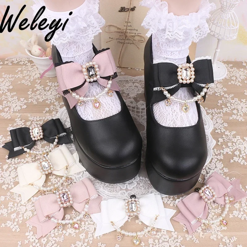 Jirai Kei Style Mine Lace Splicing Bow Shoes Accessories Sweet Beaded Love Rhinestone Pendant Shoe Clip Handmade Shoes Buckle