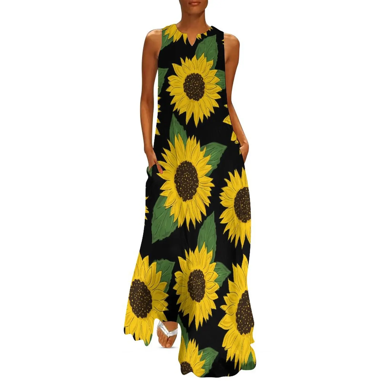 

Sunflower And Leaf Dress Floral Design Sexy Maxi Dress Sleeveless Graphic Boho Beach Long Dresses Street Wear Oversized Vestido