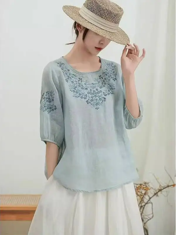 Retro Heavyweight Embroidered Cotton Linen Women's Shirt Summer New Style Thin Loose Slimming round Neck Overhead Top