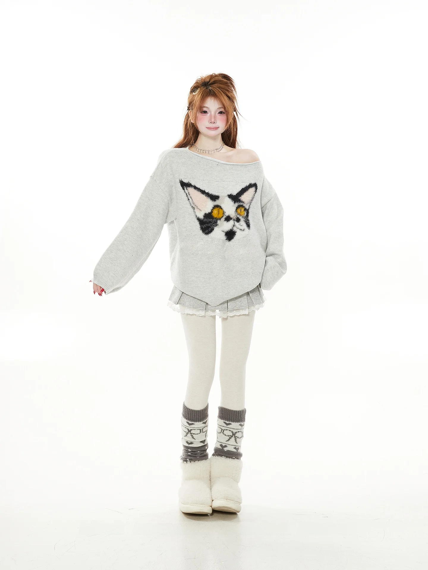 

Вязаный свитер с открытыми плечами и мультяшным дизайном для женщин, весна-осень, с большим воротником и вырезами на боках, в стиле Pure Desire