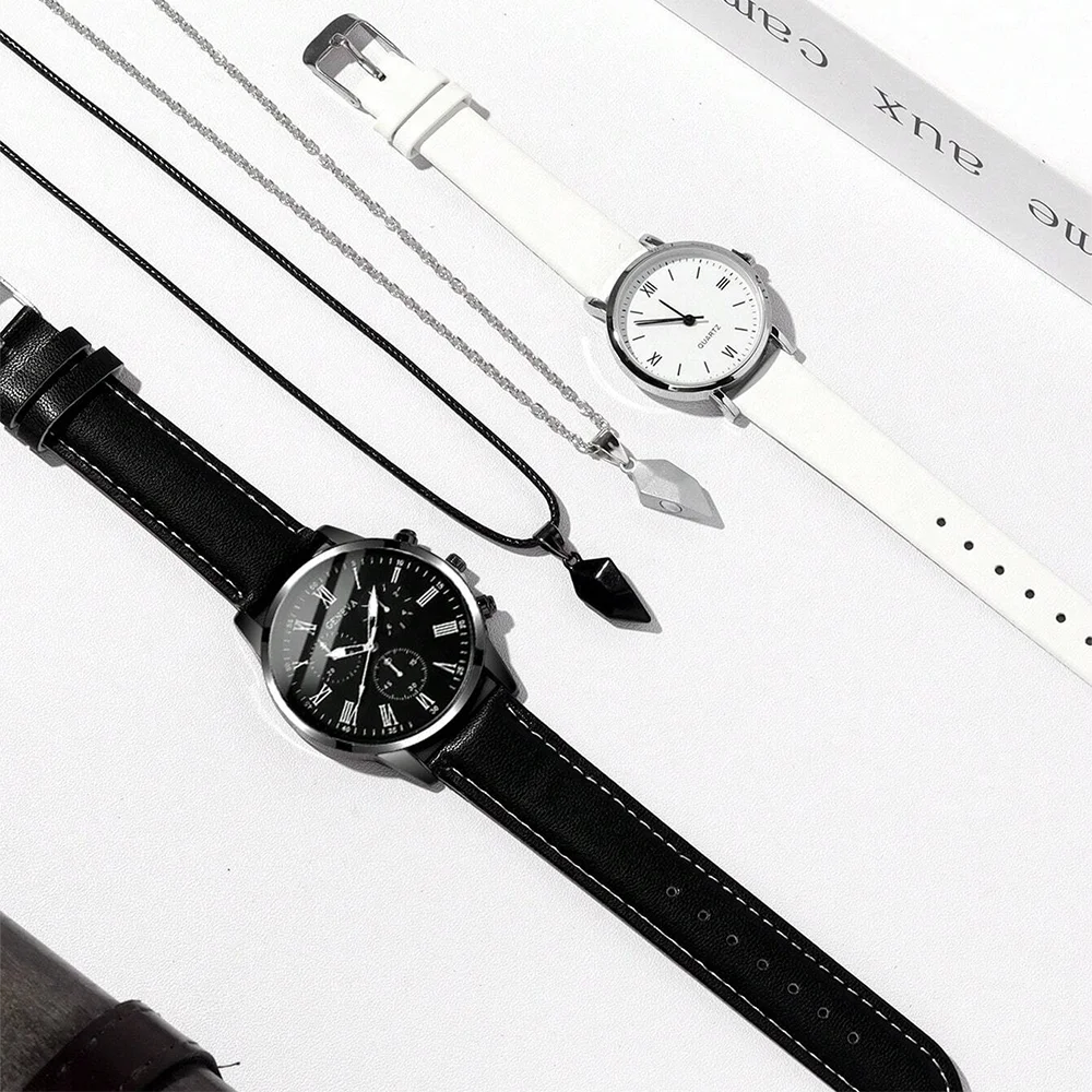 4 Pcs Set Couple Fashion Casual Simple Leather Watch Women Simple Dial Quartz Watch Black And White Bracelet Accessories