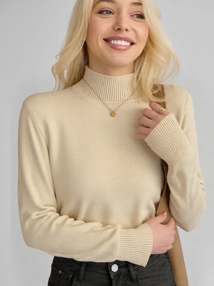 

Новые модные пуловеры с высоким воротником, вязаные женские свитера, осень-зима, однотонный свитер с длинными рукавами, женские зимние топы