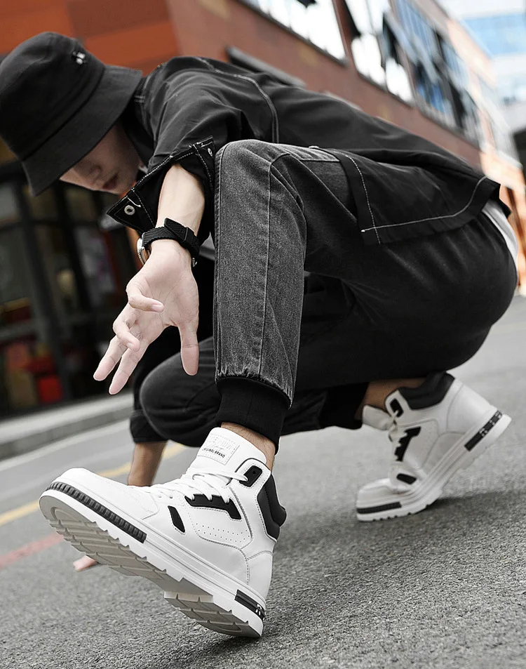 New Height Increasing 6/8CM Men's Leather Boots Breathable Casual Shoes Athletic Jogging Gym Shoes Fashion Leather Sports Shoes