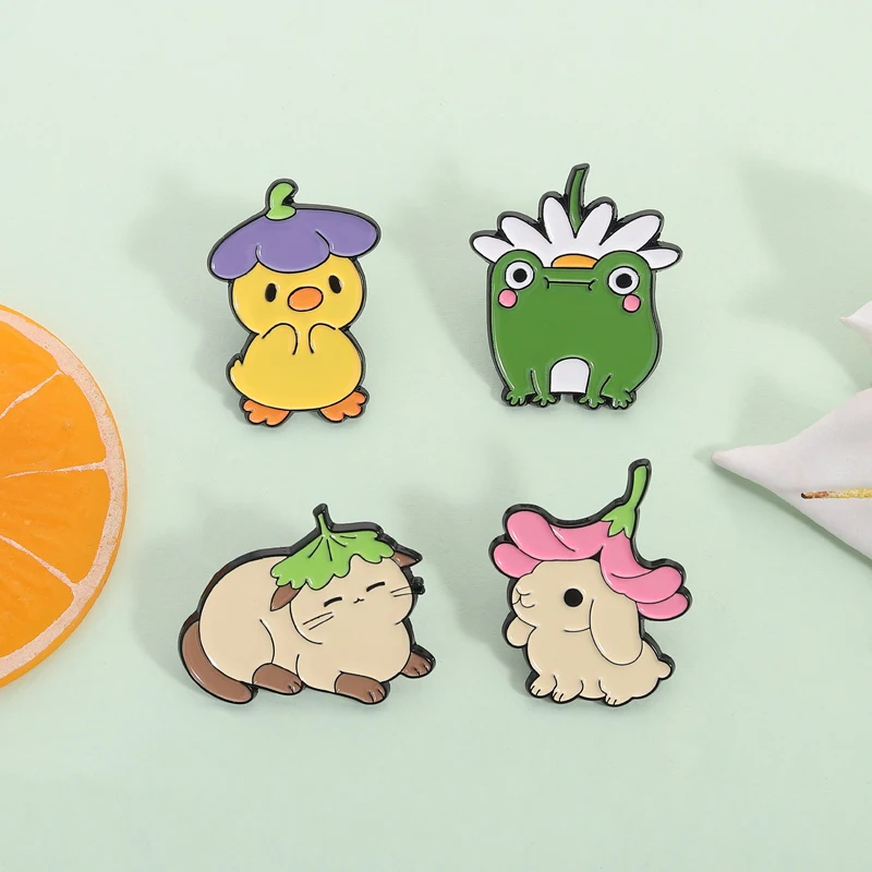Cute Bunny Flower Hat Enamel Pins Kawaii Frog Yellow Duck Cat Animal Brooches Lapel Badge Fashion Jewelry Gifts for Friends