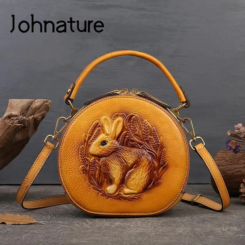 Johnature 2024 New Rabbit Embossed Handbag Genuine Leather Retro Women Bag Versatile Real Cowhide Handmade Shoulder Bags