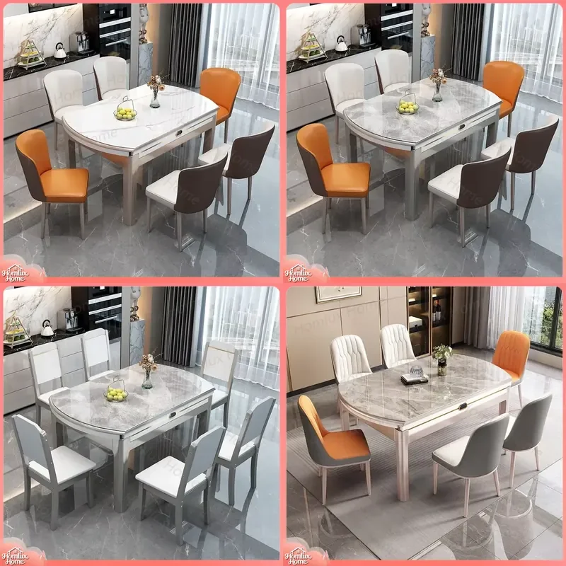 Modern Retractable Folding Round Marble Dining Table Set with Solid Wood Chairs 4 or 6 Seats Luxury Dining Room Furniture
