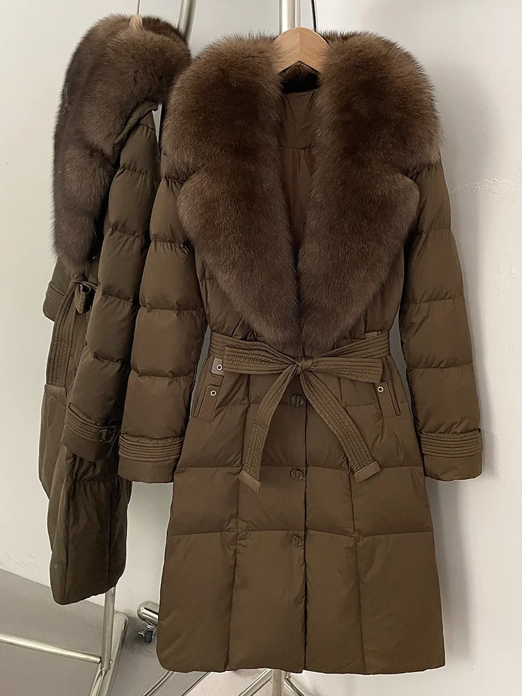 2025 New Winter Female Real Fox Fur Long Clothes Women Luxury Fashion Puffer Jacket Belt Thickened Warm Natural Fur Duck Down