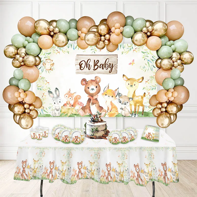 LS 246Pcs Jungle Animals Birthday Party Theme Set, Baby Shower 1st Birthday Decor Supplies, Wild Animal Sage Backdrop Tablecloth