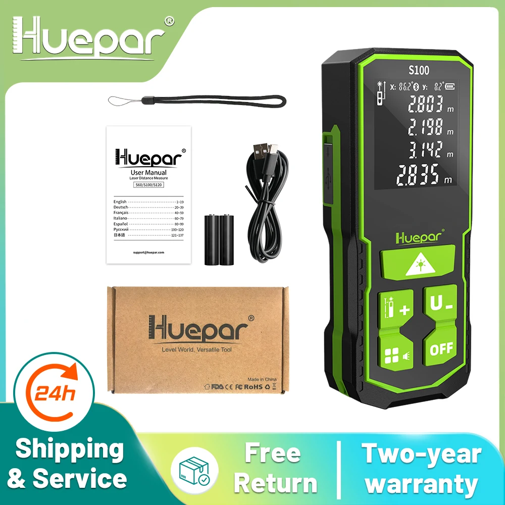 Huepar-Medidor de distância a laser, Roleta eletrônica, Telêmetro digital LCD, Trena Metro, Fita métrica, Ferramentas de Régua, 60m, 100m, 120m