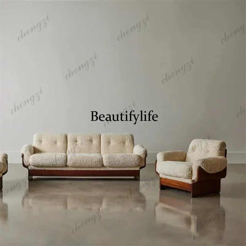 D136 Modern Home Furnishing Medieval Solid Wood Straight Lamb Fleece Sofa