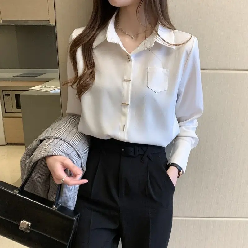 Professional Wear White Shirt for Women\'s Spring Autumn 2024 New Workplace Temperament Long Sleeves Chiffon Shirt Trendy Top