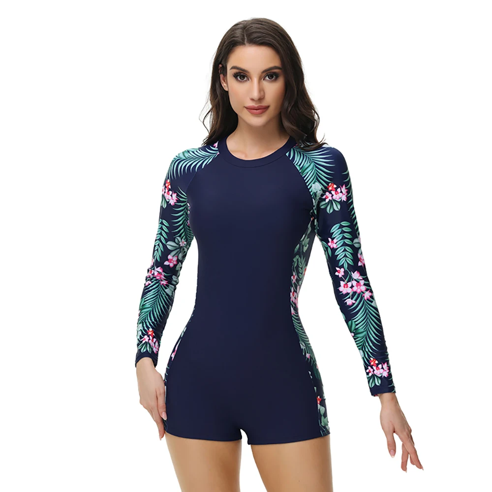 One Piece Women Swimsuit Long Sleeve Swimwear Diving Printed Plus Size Bathing Suit Push Up Female Zipper Surfing UV Protection