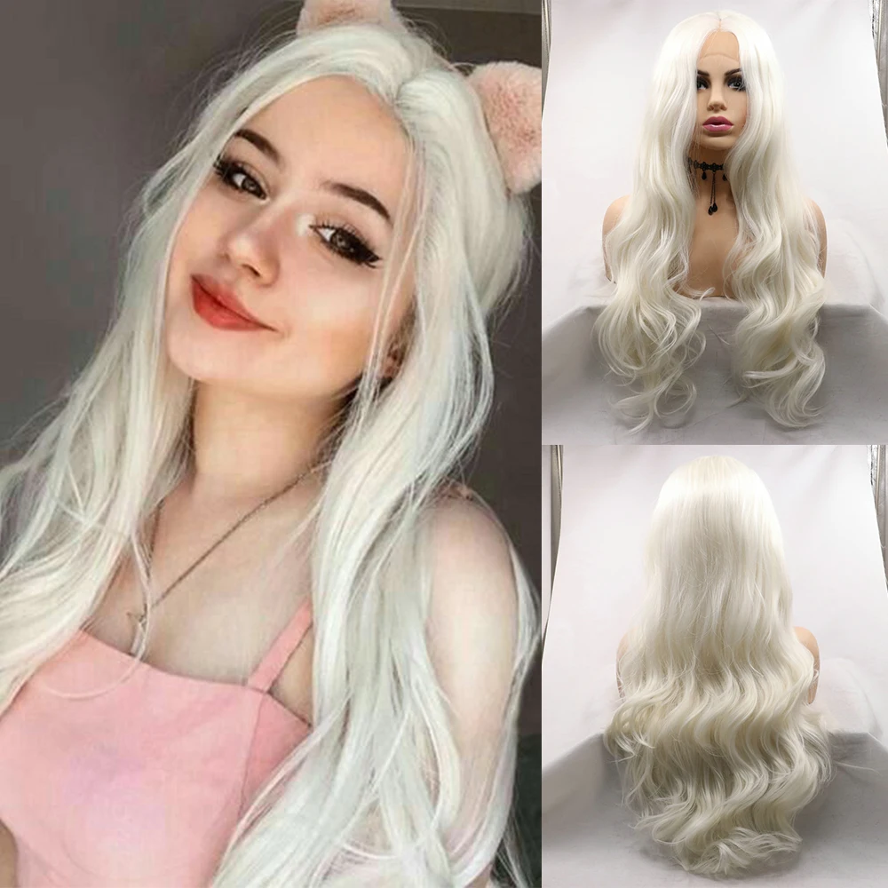 Sylvia Synthetische Lace Front Pruik Lang Golvend Haar Platina Blonde Pruiken Voor Vrouwen Hittebestendige Vezel Midden Deel Natuurlijke Haarlijn