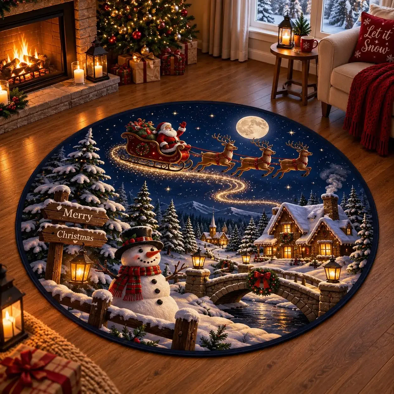 Christmas Gnome 3D Optical Illusion Round Rug Red Brick Well Star Border Area Mat Festive Garland Living Room Floor Carpet