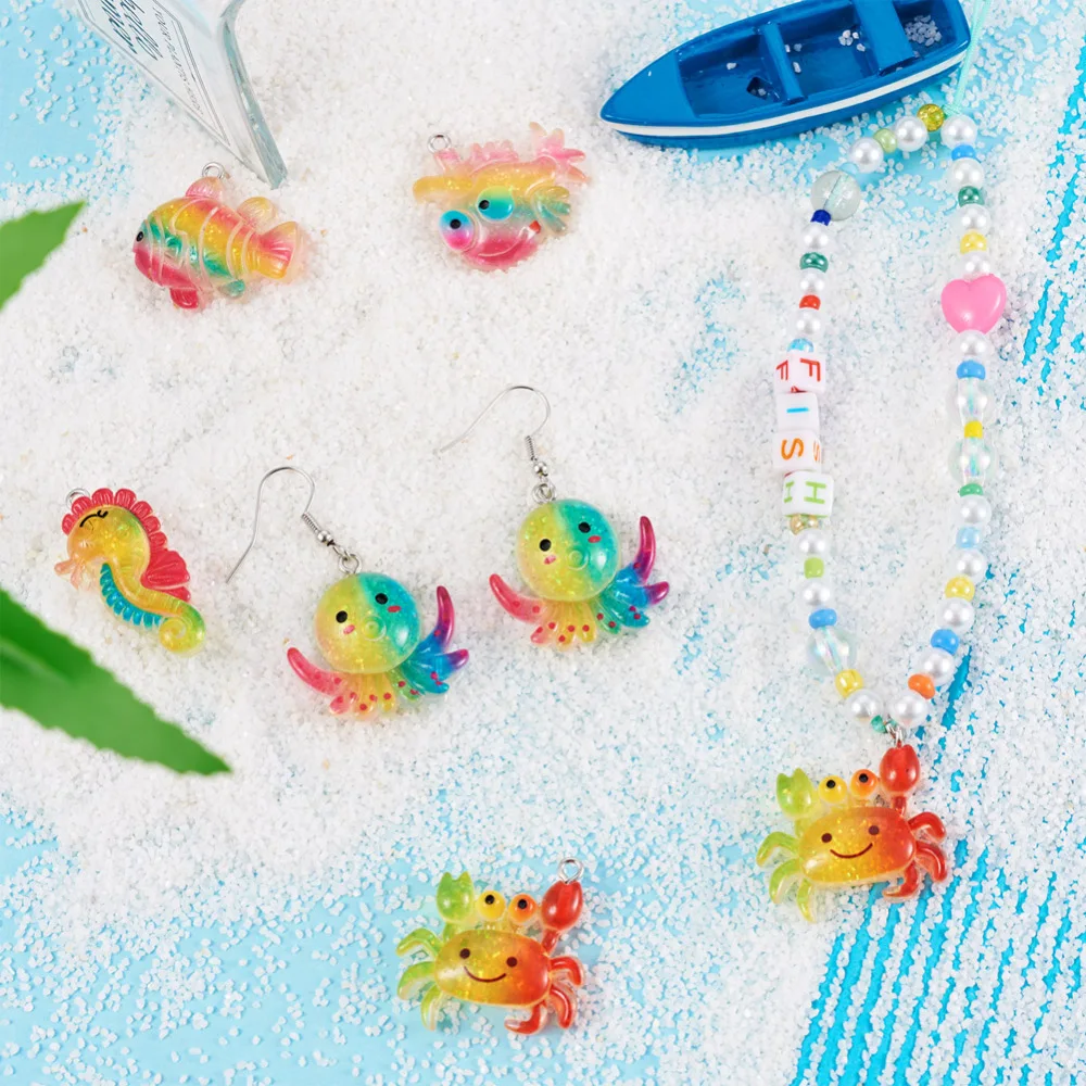 36Pcs Cute Ocean Theme Transparent Resin Pendants Sea Animal Octopus/Sea Horse/Fish/Crab Charms For Earrings Keychain Making