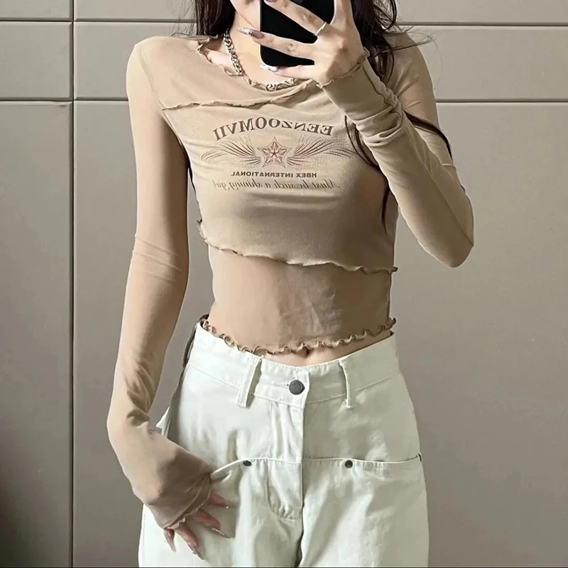 American Sexy Sheer Women T Shirts Y2K Chic Slim Irregular Ruffle Crop Tops Fashion Patchwork Mesh Long Sleeve Pullover