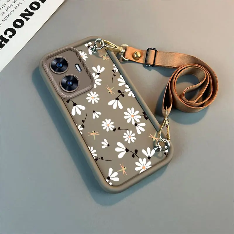 C 55 White Flower New Sky Eye Lanyard Phone Case For Realme C55 C21 C20 C51 C67 C21Y C30S C11 C25Y C65 C25 C53 C30 C15 C12 Cover