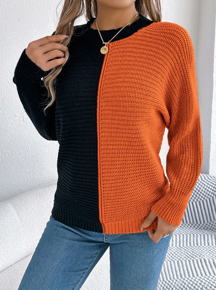 

Hoodie 2024 Women's Fashion Sweater Casual Color Blocked Round Neck Long Sleeve Hot Selling Explosive Knitted Sweater