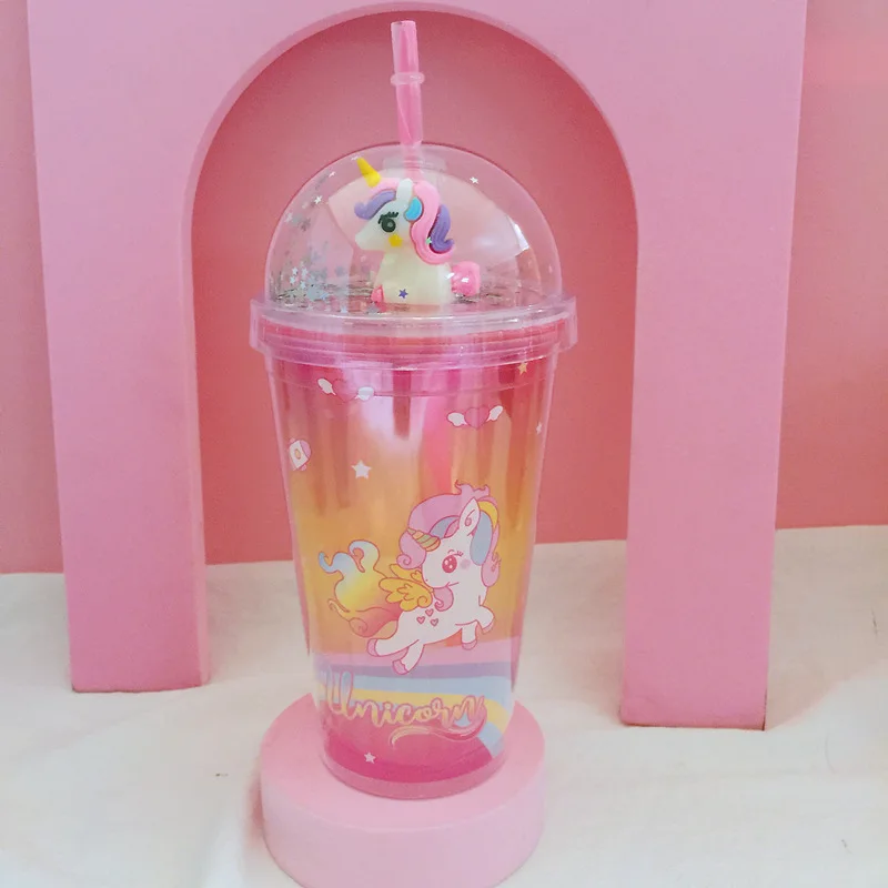450ML Summer Unicorn Straw Cup Double Plastic Ice Cup Creative Drink Milk Tea Coffee Mug For Girls Smoothie Cups Iced Drinks Mug