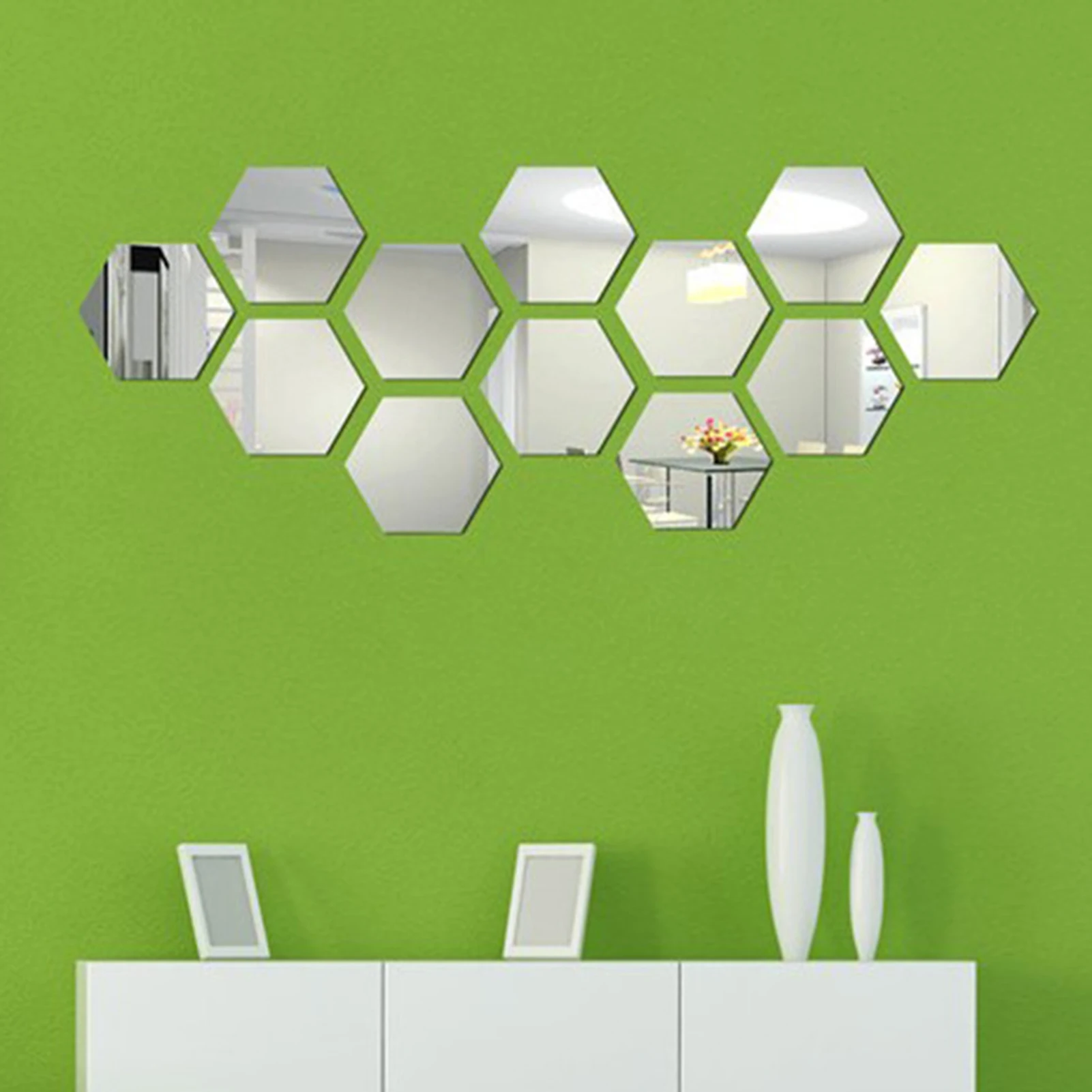 12 Pieces Mirror Wall Stickers Removable Acrylic Honey Comb Mirror Tiles Decals for Home Room Living Bedroom Decor