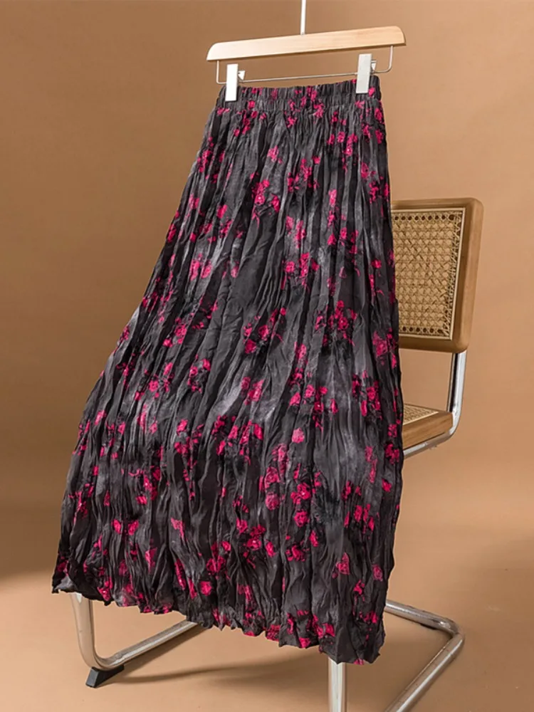 الرجعية الأزهار مطوي ألف خط ميدي تنورة المرأة حجم كبير فضفاض عالية الخصر التخسيس ثنى عادية تنورة كاملة تخفيف Sle