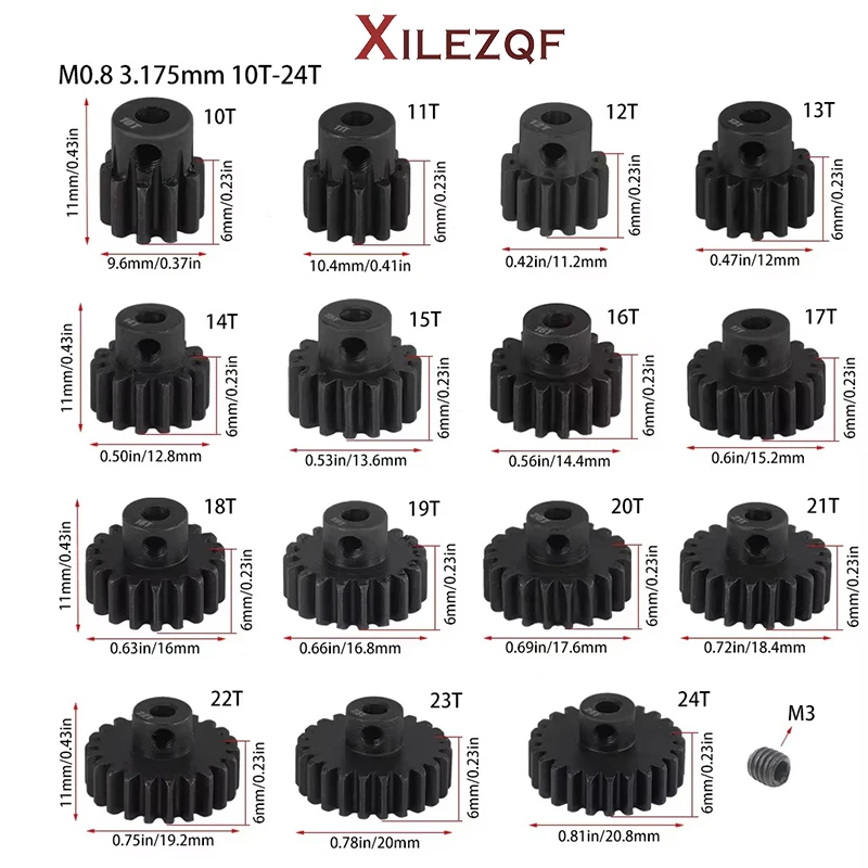 XILEZQF M0.8 3.175mm Hardened Steel Pinion Gear 10T-21T Motor Gear for 1/10 RC Car Upgrade Part Durable Racing