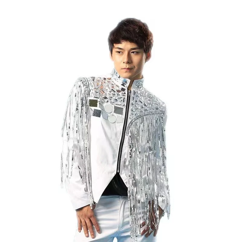 Men Red Sliver Black Tassel Sequin Jacket Bar DJ Male Korean Drumming Singer Trend Hip Hop Dance Bar Nightclub Stage Club Outfit