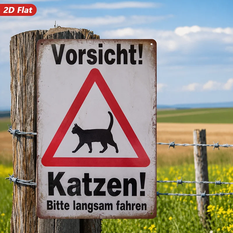 1Pieces，Cat Warning Sign Home Decoration，Contains German text“Vorsicht! Katzen! Bitte Langsam Fahren”，Retro Style，Suitable for L