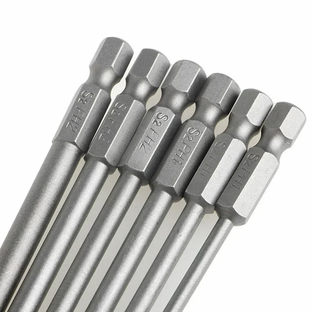 High Hardness Screwdriver PH1 PH2 6Pcs/Set 1/4in Shank 100mm Long Steel Magnetic Hex Cross Head Screwdriver Bit Hand Tools