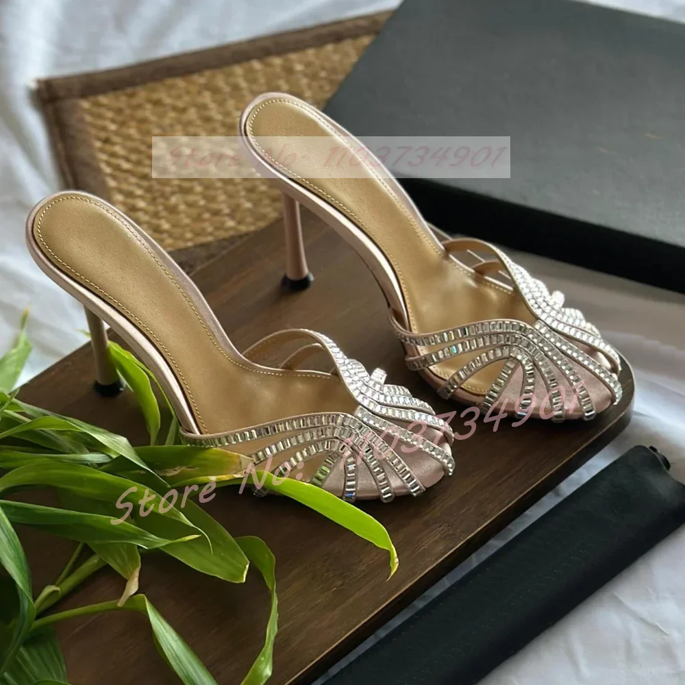 

Sparkly Crystals Caged Stiletto Mules Women Sexy Satin Open Toe High Heels Slippers Lady Outdoor Party Elegant Slip-On Slippers