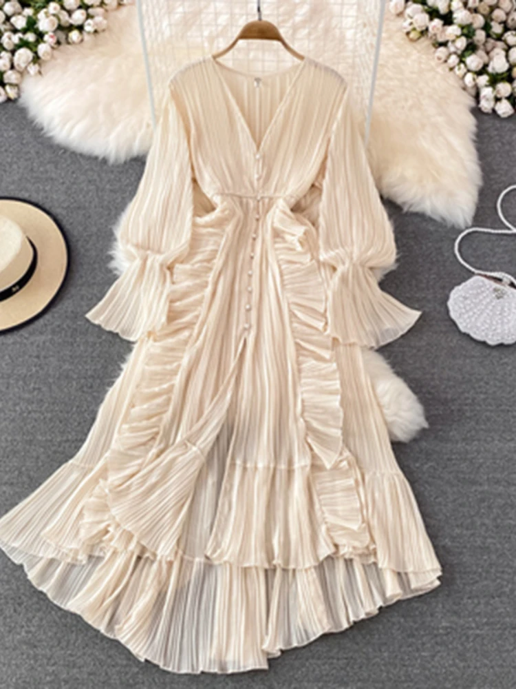 Holiday Style Ankle Length Long Dresses Women 2022 Spring New V Neck Puff Sleeve Lace Elegant Evening Party Summer Dress