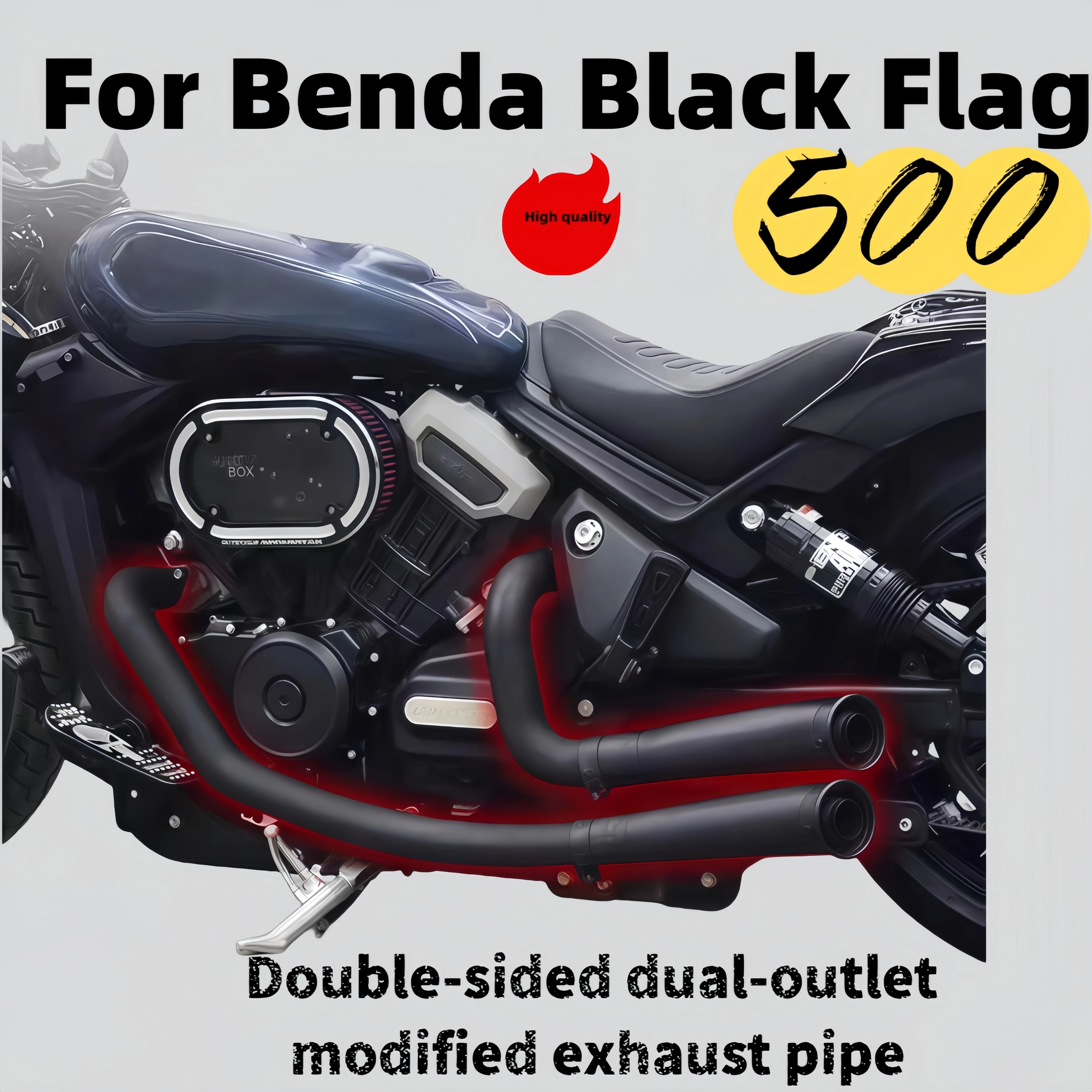 

For Benda Black Flag 500 modification, double-sided dual exhaust pipe, full stainless steel, deep and rich sound, accessories