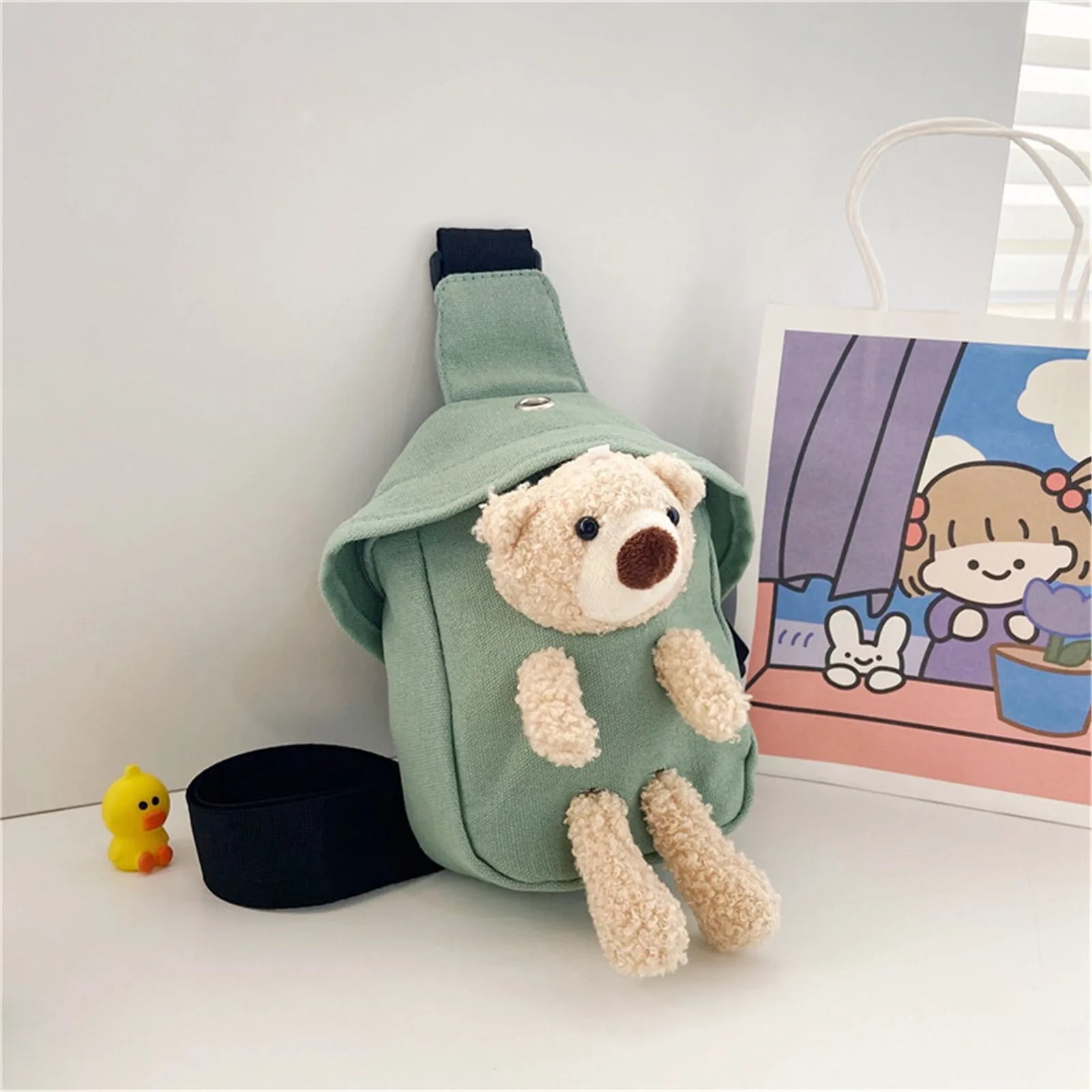 

Cartoon Plush Bear Women's Crossbody Chest Bag Children Canvas Belt Bag Adjustable Single Shoulder Bag Messenger Bag