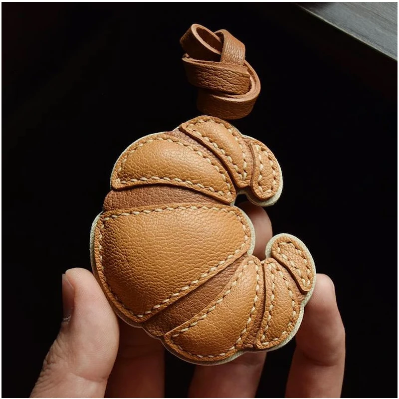 Handmade Leather Croissant Bag Charm KeyChain