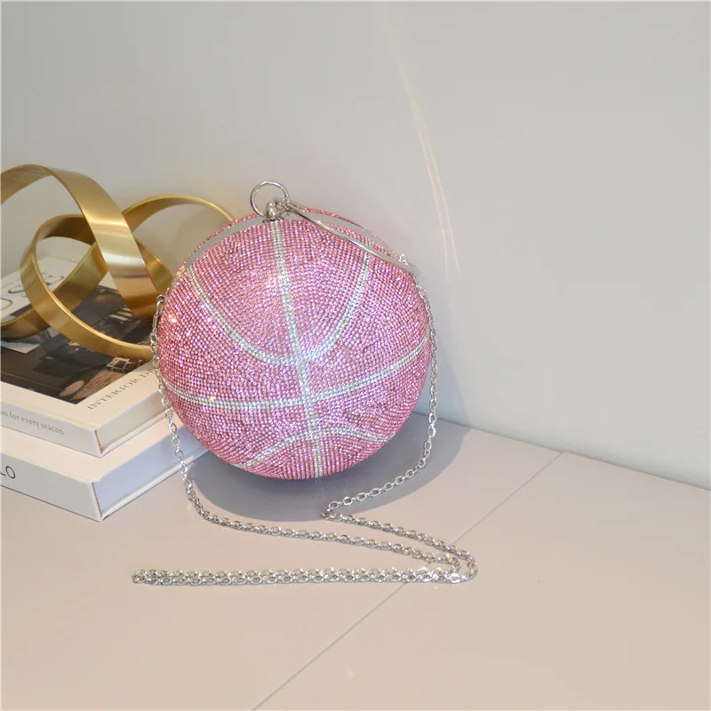 3D Diamond Basketball Round Ball Gold Pink Clutch Purses For Women Evening Rhinestone Handbags Ladies Party Dinner Totes Bag