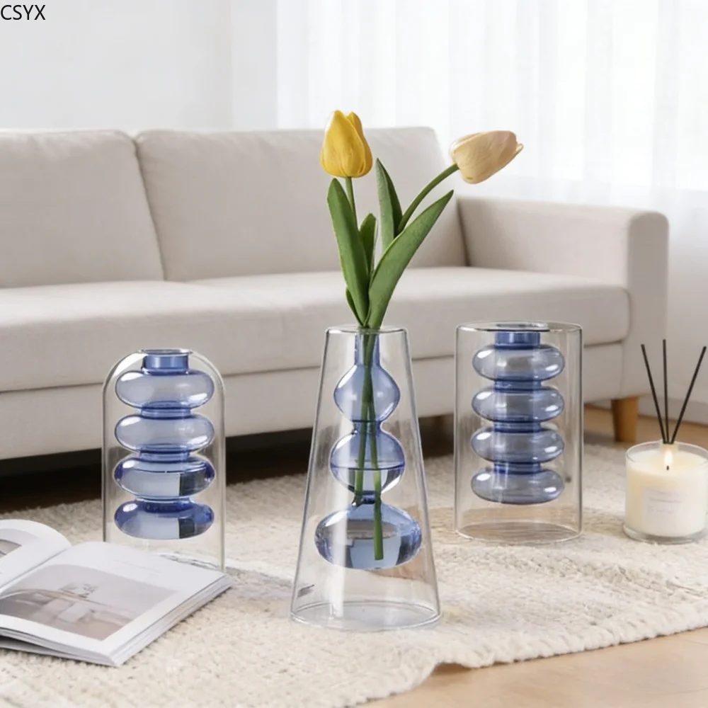 Creative Nordic Colorful Double-layer Glass Vase Transparent Hydroponic Dried Flower Vase Simple Restaurant Desktop Decor