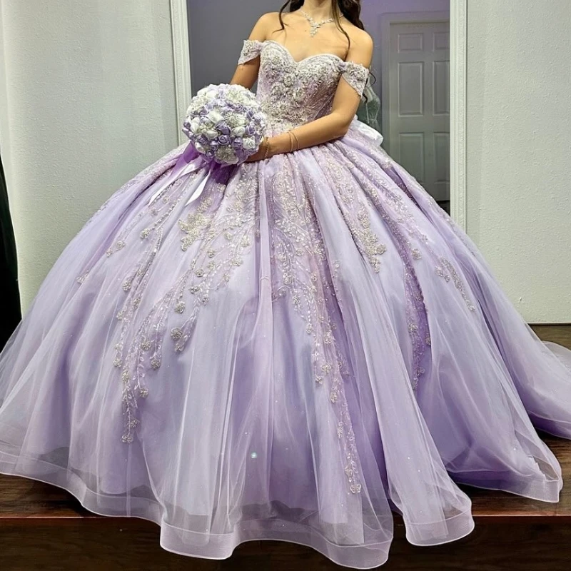 

Light Purple Mexican Quinceanera Dressess Off The Shoulder Luxury Beads Crystal Bow Tull vestido 15 Corset Lace Up Sweet 16