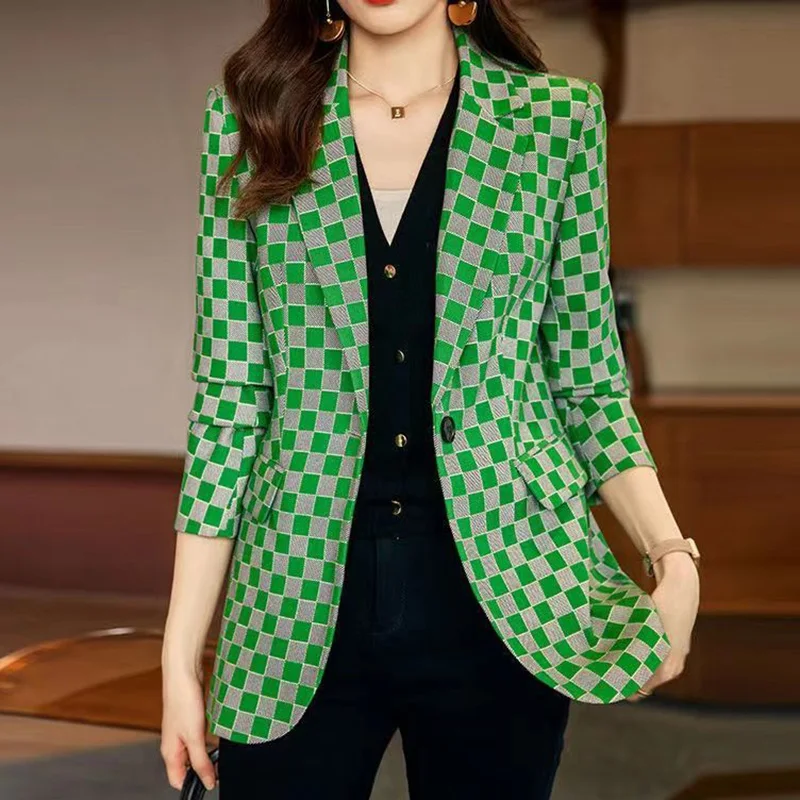 Blazer de celosía empalmado con botones y solapa para mujer, ropa informal de gran tamaño, Tops de oficina, 2023