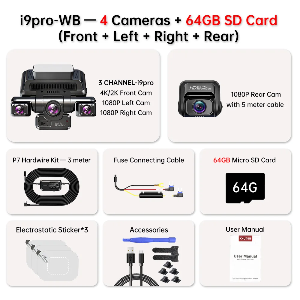 XUOIB 4CH GPS dash cam for car i9pro-wb Touchscreen 4" Front 4K/2K+3*1080P dashcam voor auto DVR 360 24H Parking Monitor WiFi Auto video Dvr, IR Nachtzicht, G-Sensor, 256Gmax