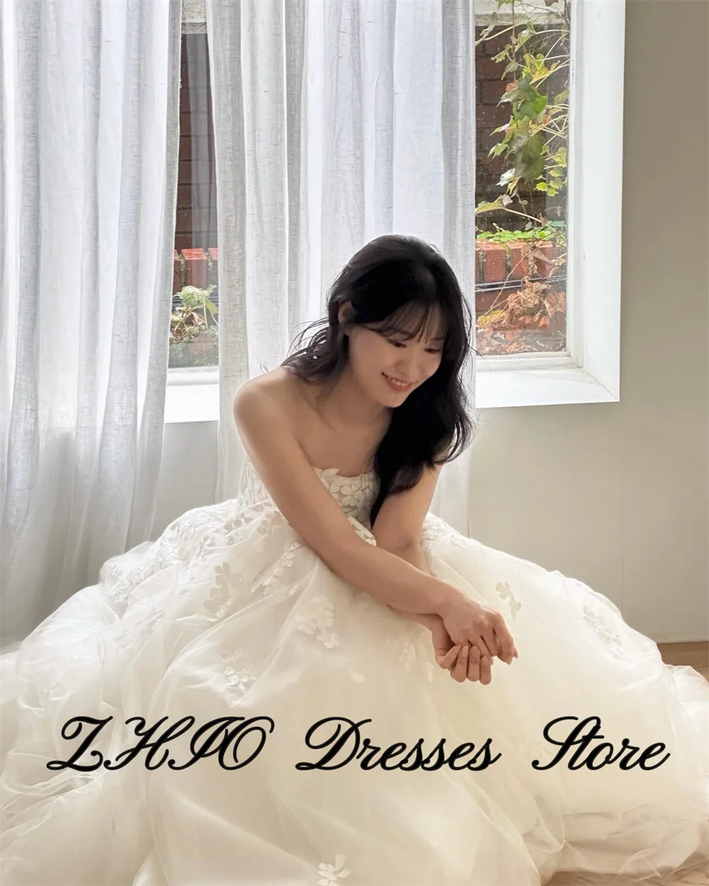 ZHIO Princess Lace Embroidery Dresses Gorgeous White Prom Dresses Soft Tulle For Korea Wedding Dress Photo Shoot Customized