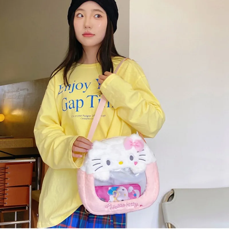 Xiuya Cute Shoulder Bag for Women Hello Kitty Plush Fluffy Lolita Jk Transparent Ita Bag Casual Fashion Cartoon Kawaii Backpack