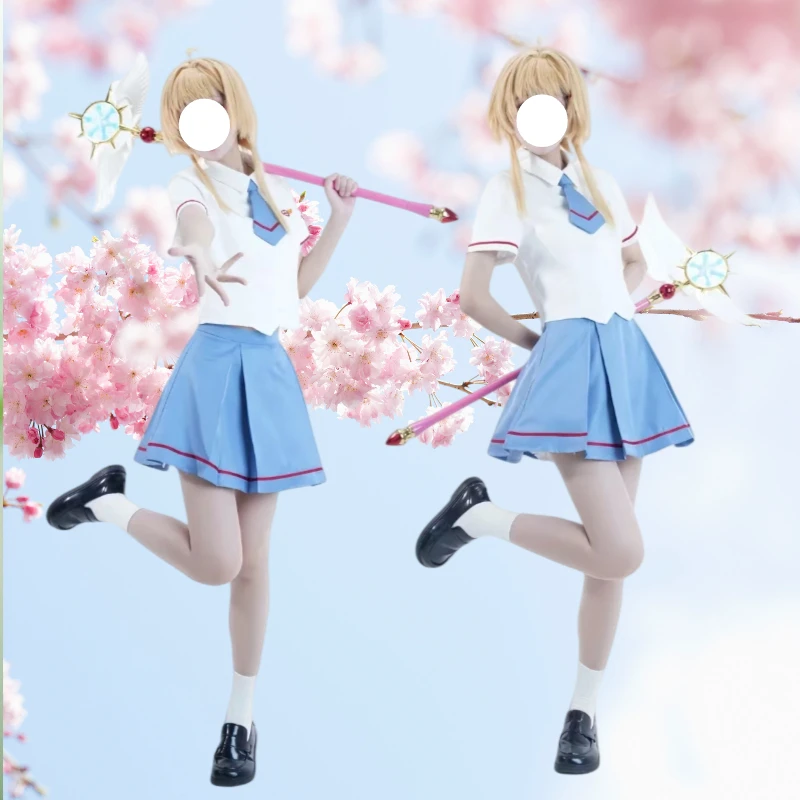 

Anime Kinomoto Cosplay Sakura Costume Summer Season School Uniform White Shirt Blue Skirt Wig Clothes Full Set for Women