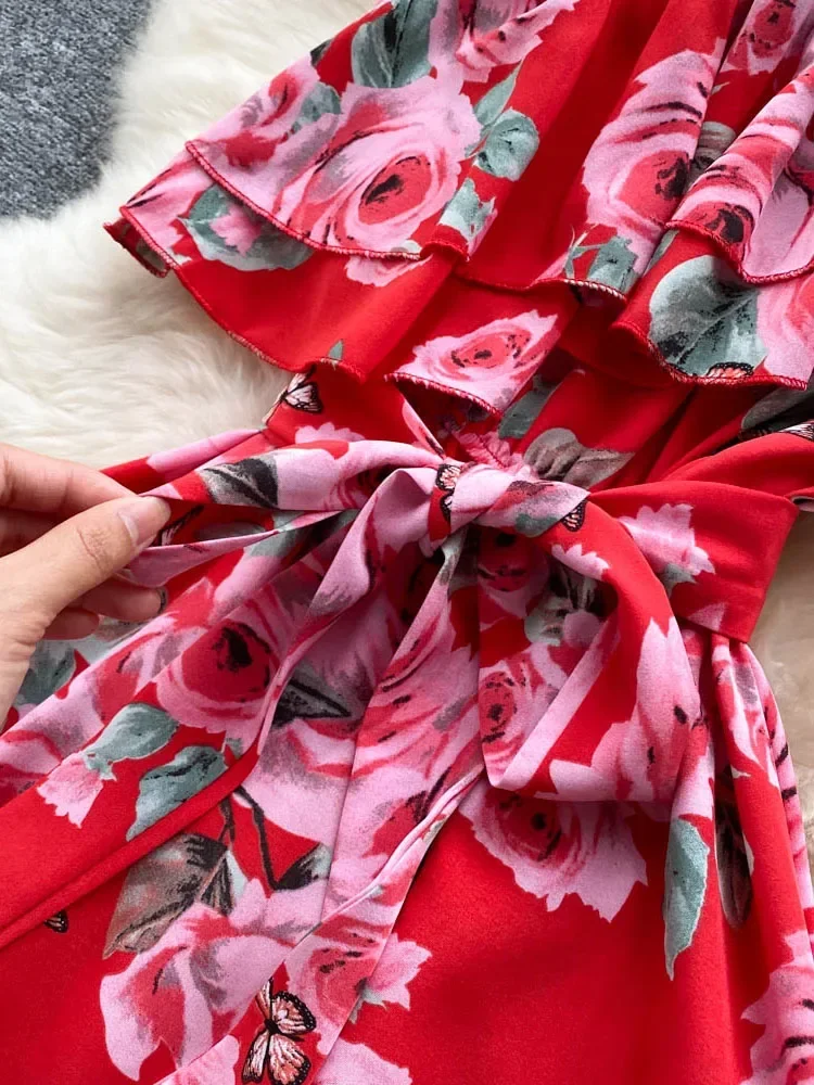 Floral Print Dress Summer Sexy Off-the-shoulder Waist Temperament A-line Holiday Beach Big Swing Long Dress Women D1127