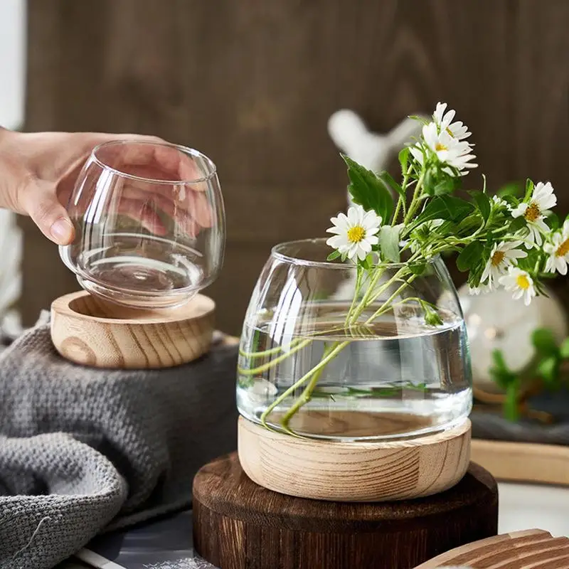 Vase de Support en Bois et Verre Transparent, Ameublement de Maison, Ornement d'Aqu01:, Arrangement de Fleurs, Poisson Précieux avec Base en Bois