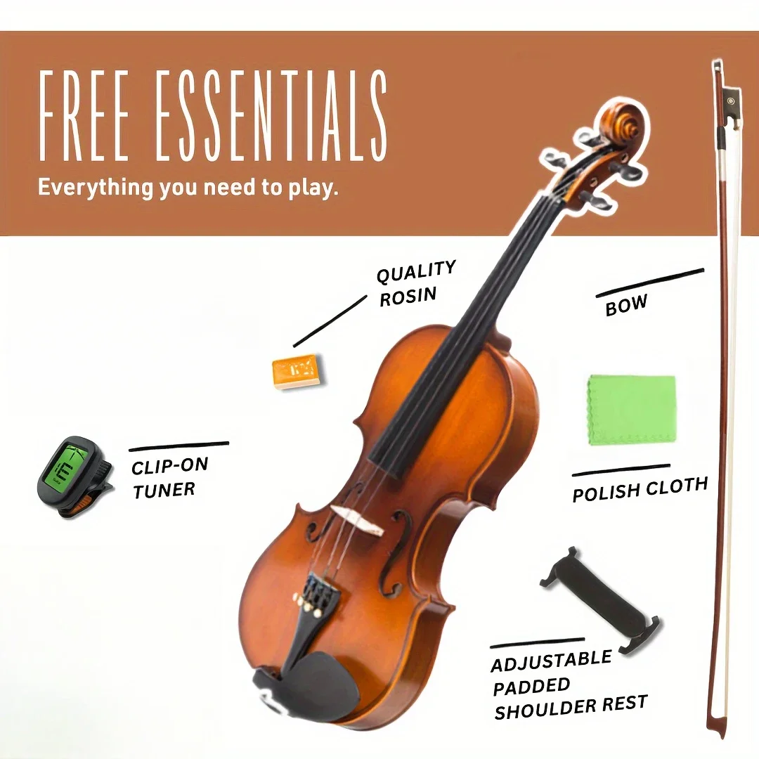 MeloCrest 4/4 Violin Set Full Size Fiddle Solidwood for Adults with Hard Case, Shoulder,Clip-on Tuner and Extra Strings