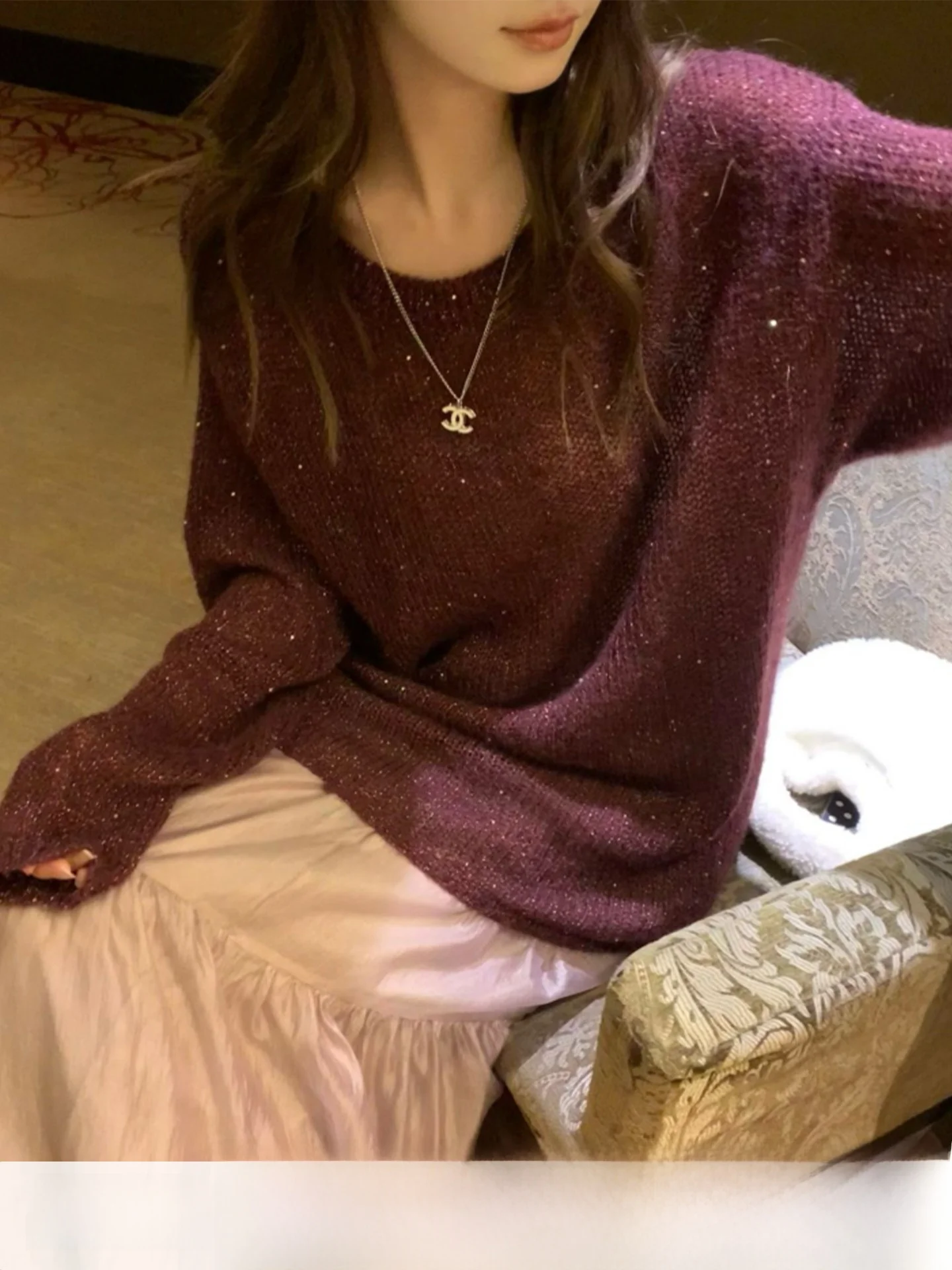 

iny Sequin Loose Lazy Feel Soft Cozy round Ne Knitted Sweater Women Casual Versatile Comfortable Polyester Fiber Long Sve