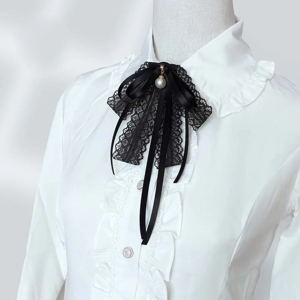 

Elegant Rhinestone Pearls Tie Tassels Black Hand-beaded Lace Necktie Brooch Geometric Decoration Shirt Tie Students